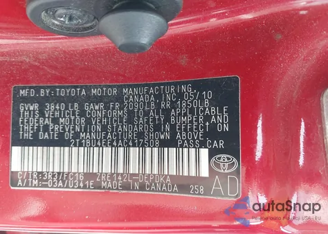 2010 Toyota Corolla Le z USA, uszkodzony, nr VIN 2T1BU4EE4AC417508